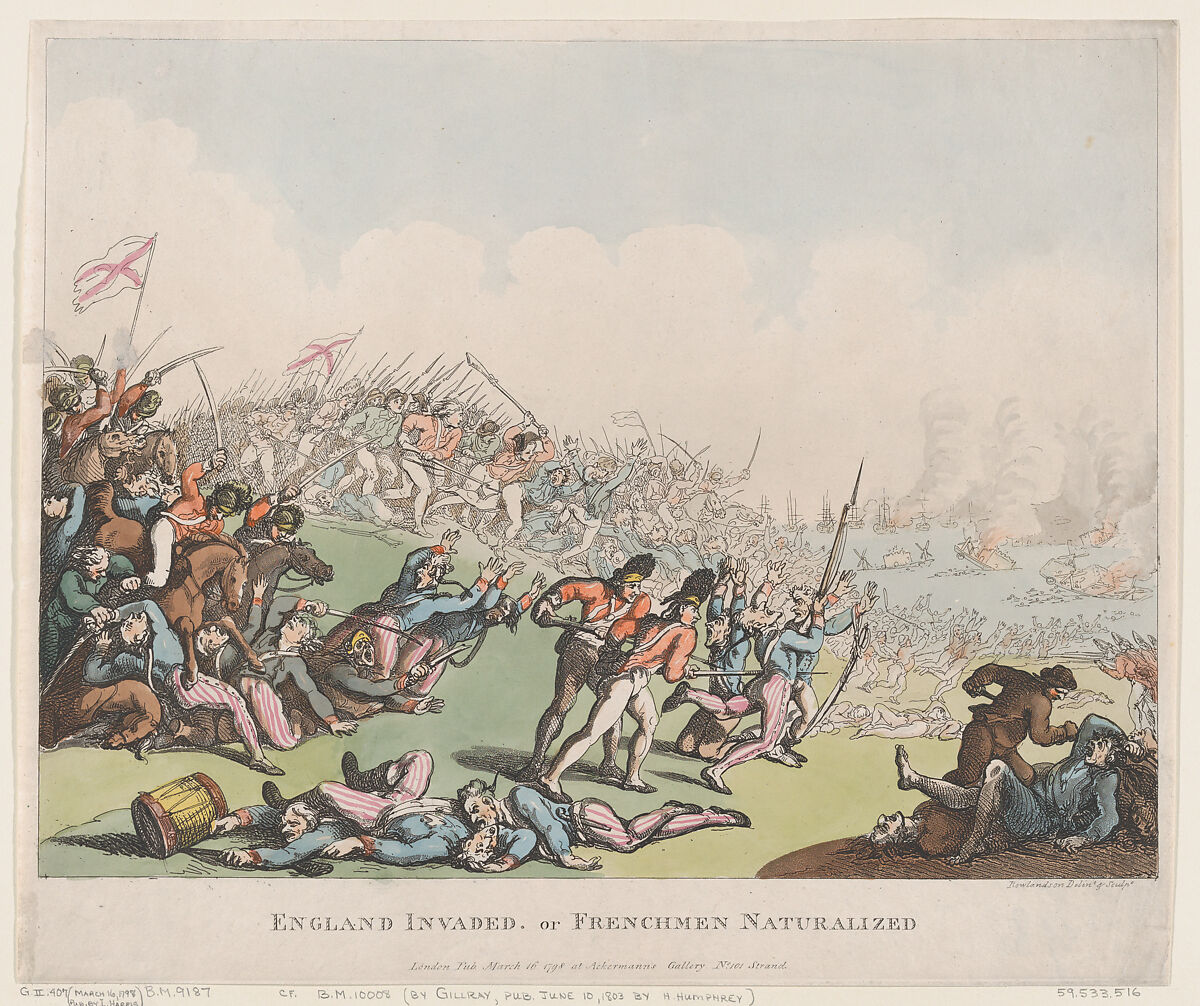 England Invaded, or Frenchmen Naturalized, Thomas Rowlandson (British, London 1757–1827 London), Hand-colored etching and aquatint 