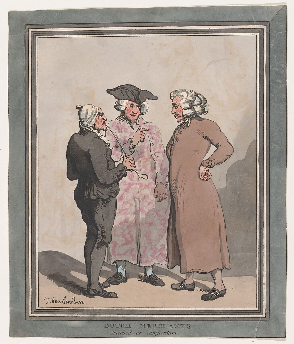 Dutch Merchants Sketched at Amsterdam, Thomas Rowlandson (British, London 1757–1827 London), Hand-colored etching 