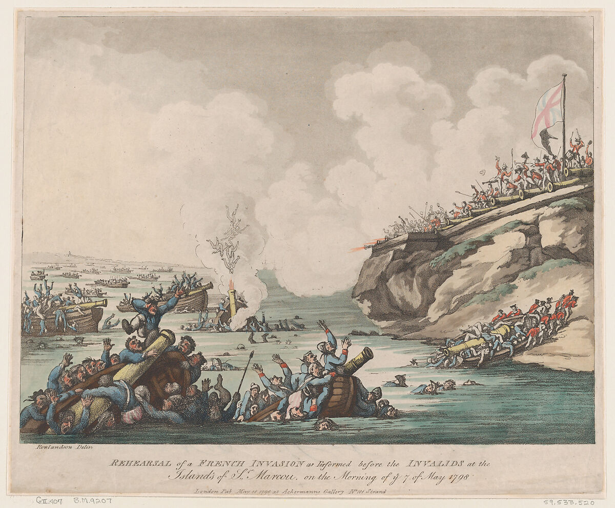 Rehearsal of a French Invasion as Performed before the Invalids at the Islands of St Marcou on the Morning of the 7th of May 1798, Thomas Rowlandson (British, London 1757–1827 London), Hand-colored etching and aquatint 