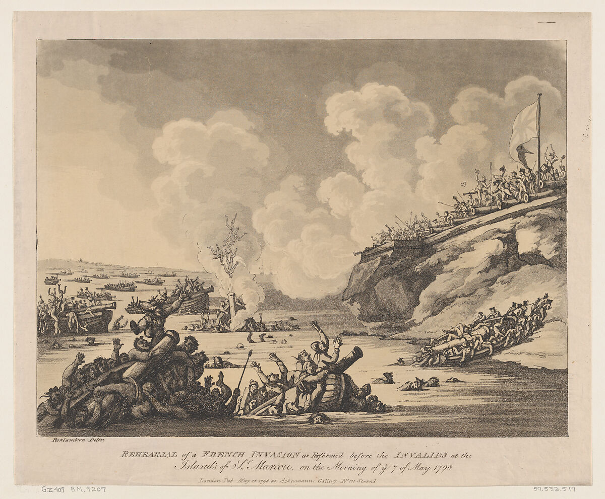 Rehearsal of a French Invasion as Performed before the Invalids at the Islands of St Marcou on the Morning of the 7th of May 1798, Thomas Rowlandson (British, London 1757–1827 London), Etching and aquatint 