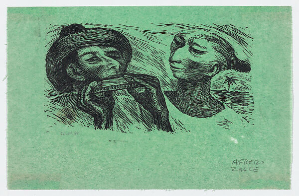 A harmonica player and a woman, from "El Sombrerón", Alfredo Zalce (Mexican, Pátzcuaro, Michoacán 1908–2003 Morelia), Linocut on green paper 