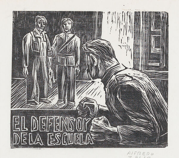 A man pounding his fists on a table while looking at two men standing near a doorway, Alfredo Zalce (Mexican, Pátzcuaro, Michoacán 1908–2003 Morelia), Woodcut 