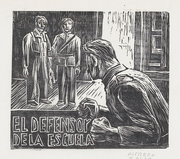 A man pounding his fists on a table while looking at two men standing near a doorway, Alfredo Zalce (Mexican, Pátzcuaro, Michoacán 1908–2003 Morelia), Linocut 