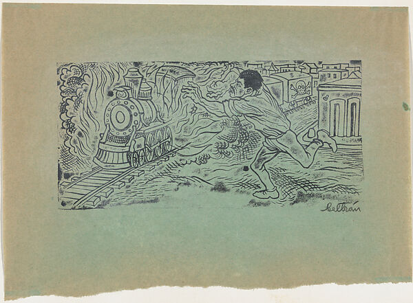 A man running towards a train that is engulfed in flames, Alberto Beltrán (Mexican, Mexico City 1923–2002 Mexico City), Lithograph on green paper 