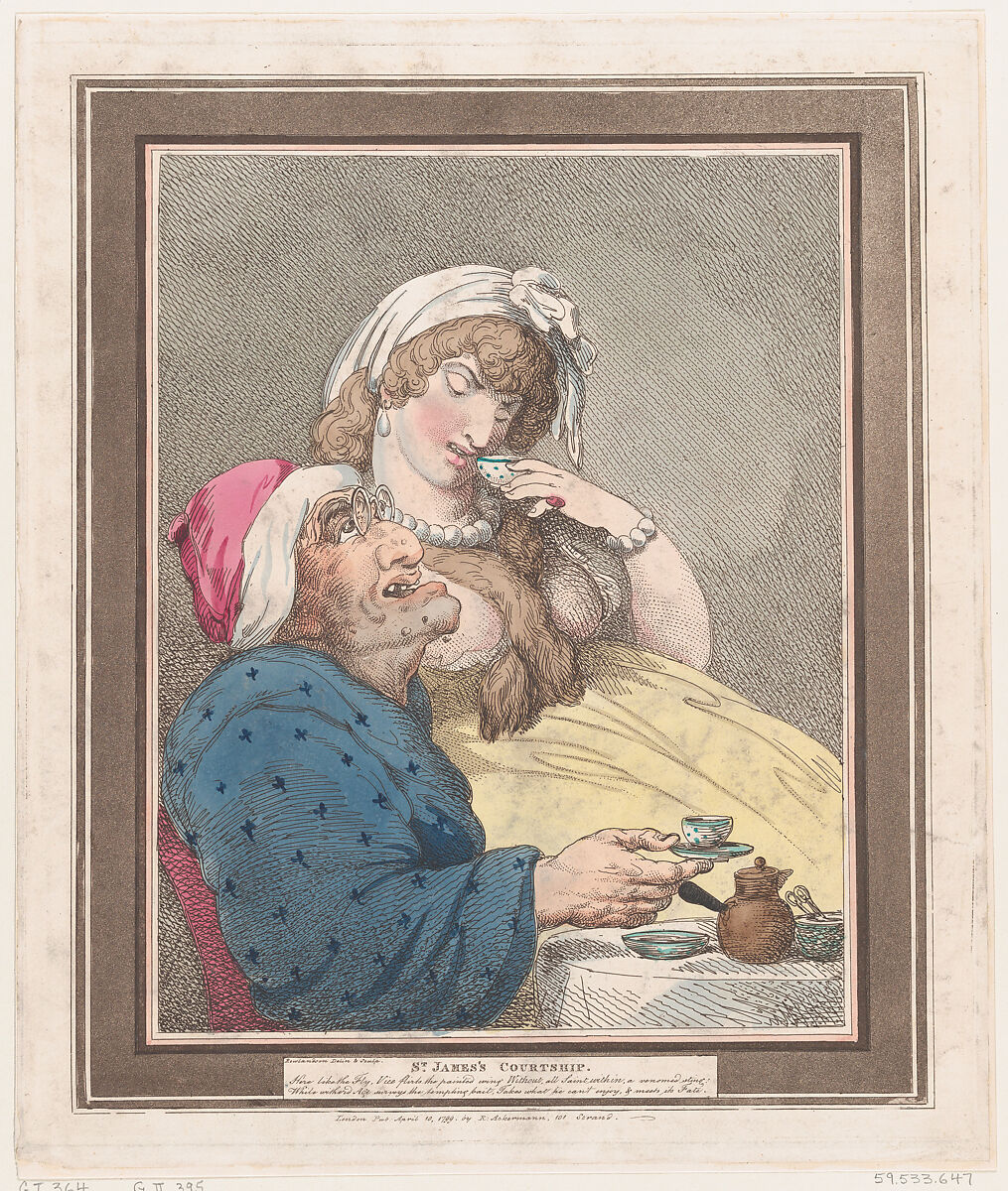 St James's Courtship, Thomas Rowlandson (British, London 1757–1827 London), Hand-colored etching and aquatint 