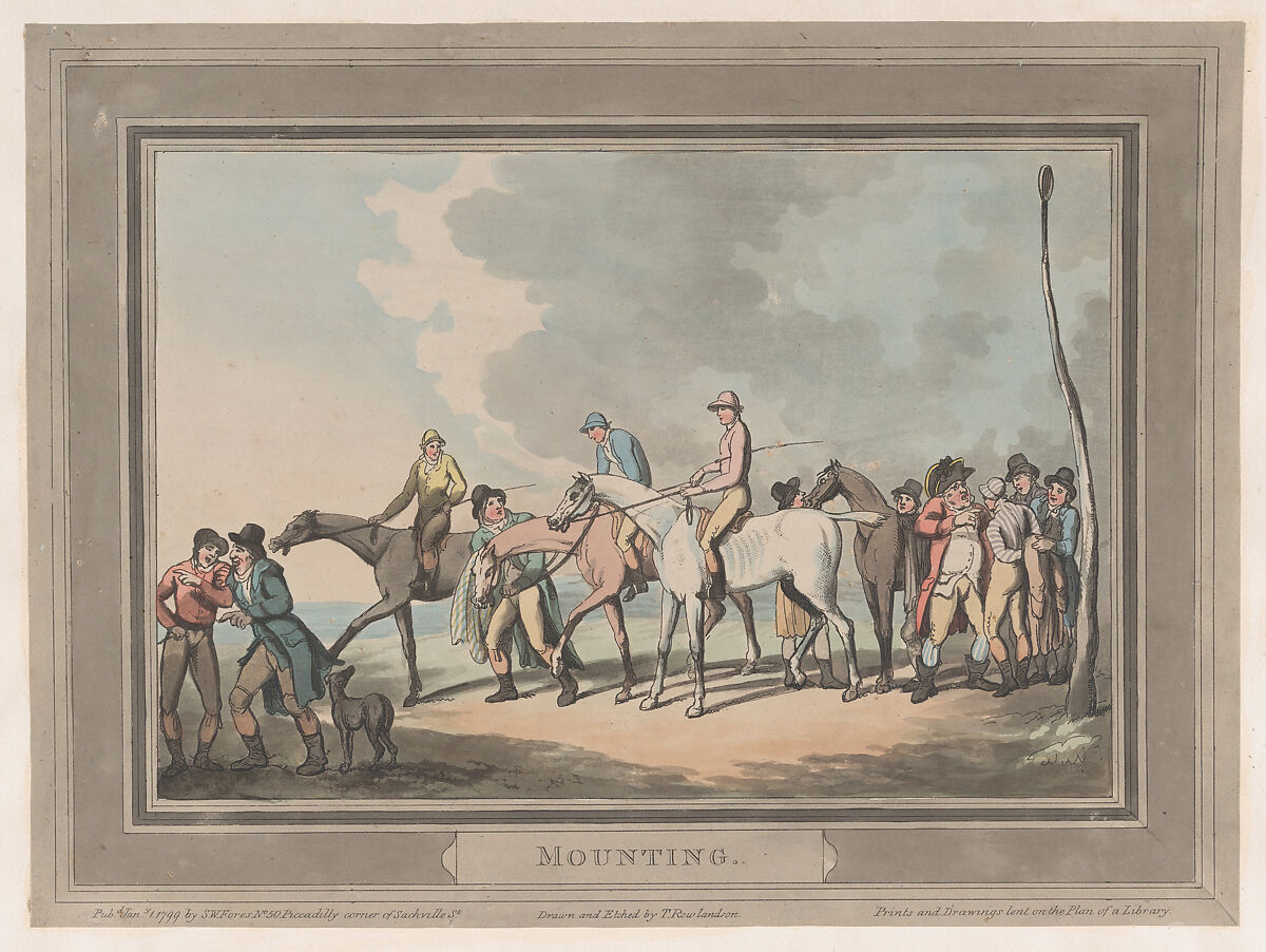 Mounting [The Mount], Thomas Rowlandson (British, London 1757–1827 London), Hand-colored etching and aquatint 