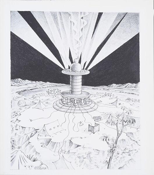 The Planet as Festival: Design for a Dispenser of Incense, LSD, Marijuana, Opium, Laughing Gas, project (Perspective), Ettore Sottsass (Italian (born Austria), Innsbruck 1917–2007 Milan), Graphite on paper 