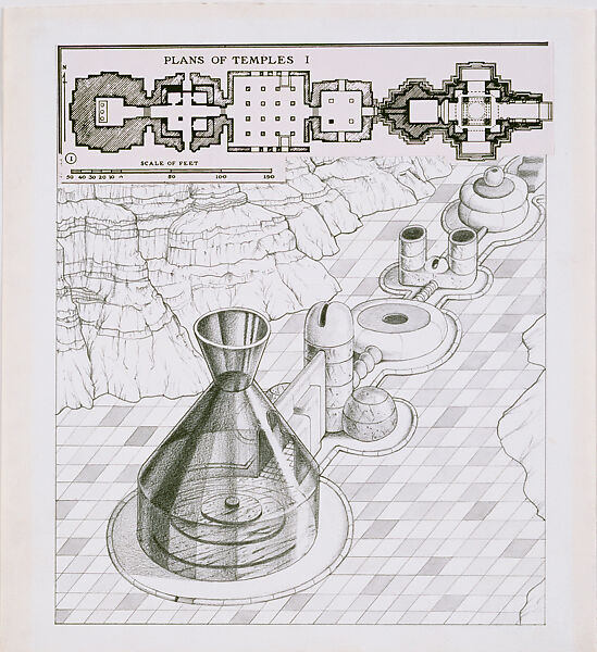 The Planet as Festival: Study for Temple for Erotic Dances, project (Aerial perspective and plan), Ettore Sottsass (Italian (born Austria), Innsbruck 1917–2007 Milan), Graphite and cut-and-pasted gelatin silver print on paper 