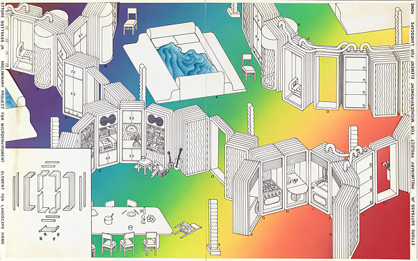 Preliminary Project for Microenvironment, Element for Landscape Home, Ettore Sottsass (Italian (born Austria), Innsbruck 1917–2007 Milan), Gouache and ink on print with acrylic 