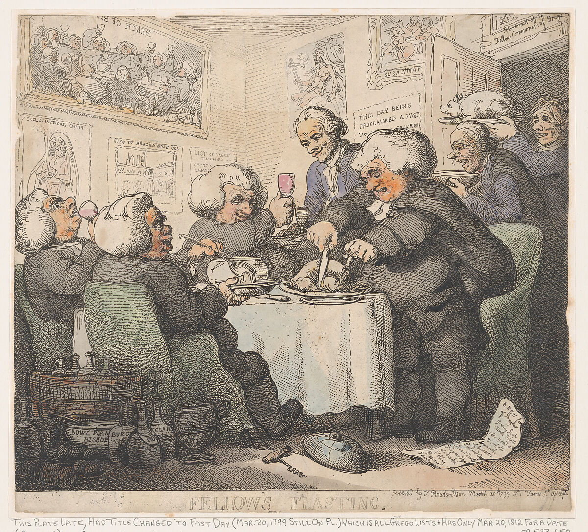 Fellows Feasting, Thomas Rowlandson (British, London 1757–1827 London), Hand-colored etching 