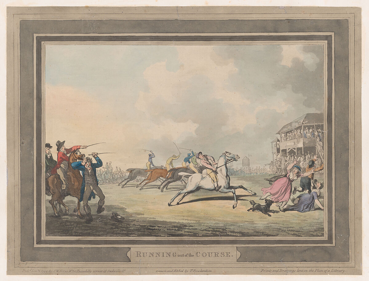Running out of the Course, Thomas Rowlandson (British, London 1757–1827 London), Hand-colored etching and aquatint 