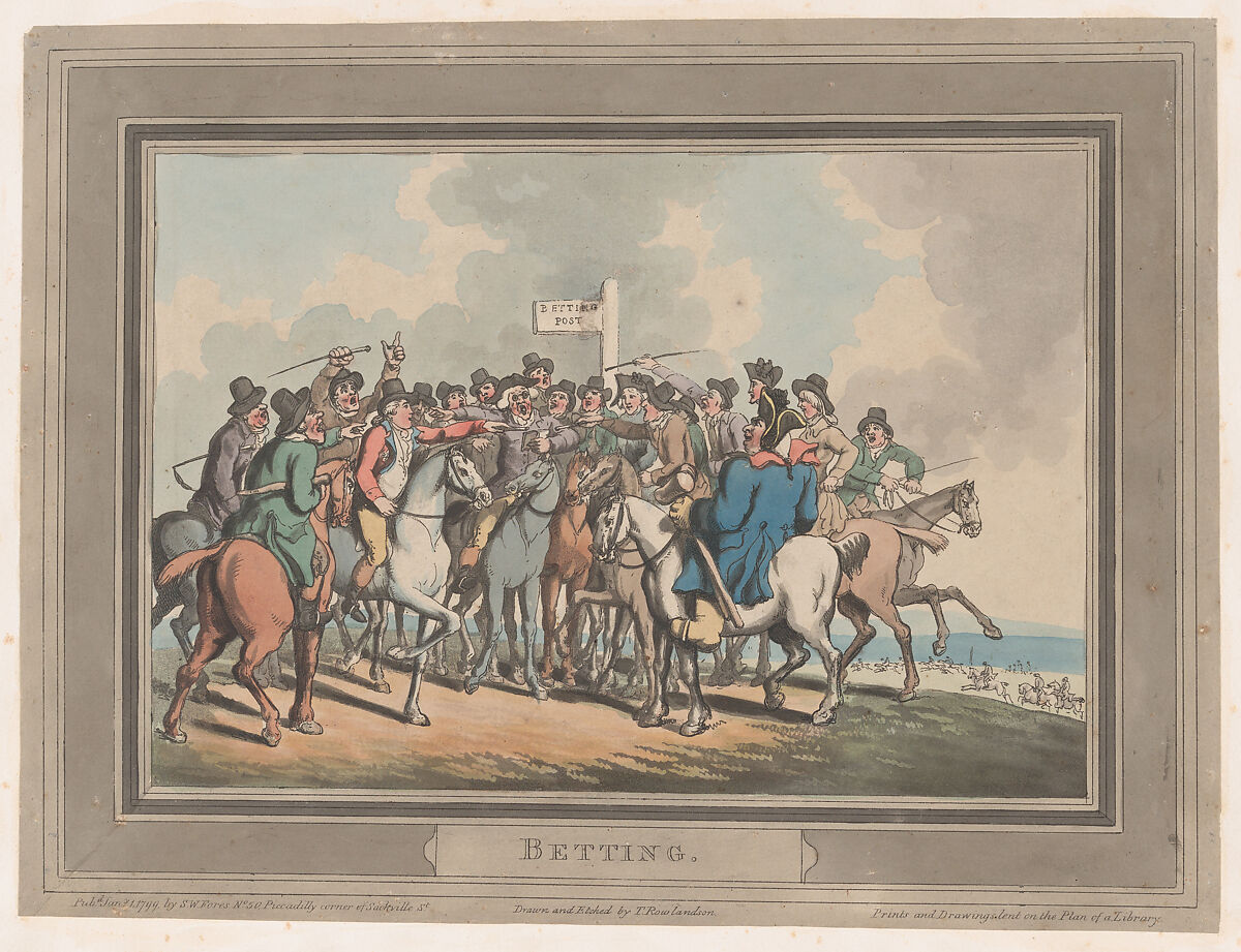 Betting [The Betting Post], Thomas Rowlandson (British, London 1757–1827 London), Hand-colored etching and aquatint 