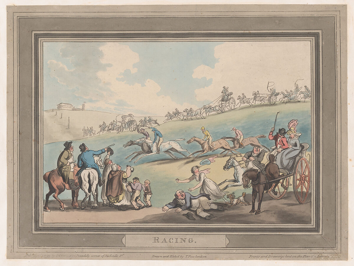 Racing [The Start], Thomas Rowlandson (British, London 1757–1827 London), Hand-colored etching 