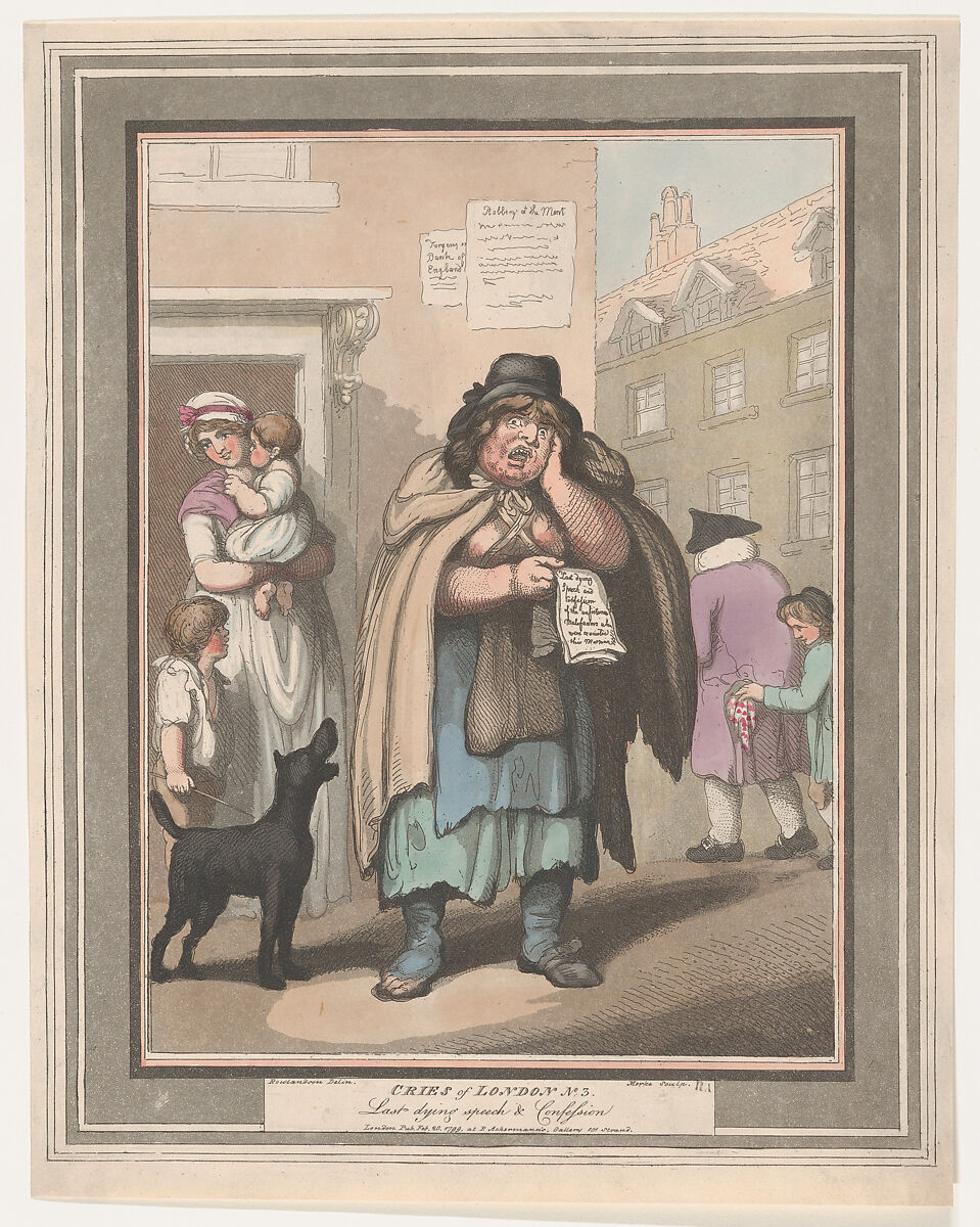 Cries of London, No. 3: Last Dying Speech and Confession, Henri Merke (Swiss, Niederweningen, canton Zürich ca. 1760–after 1820), Hand-colored etching and aquatint 