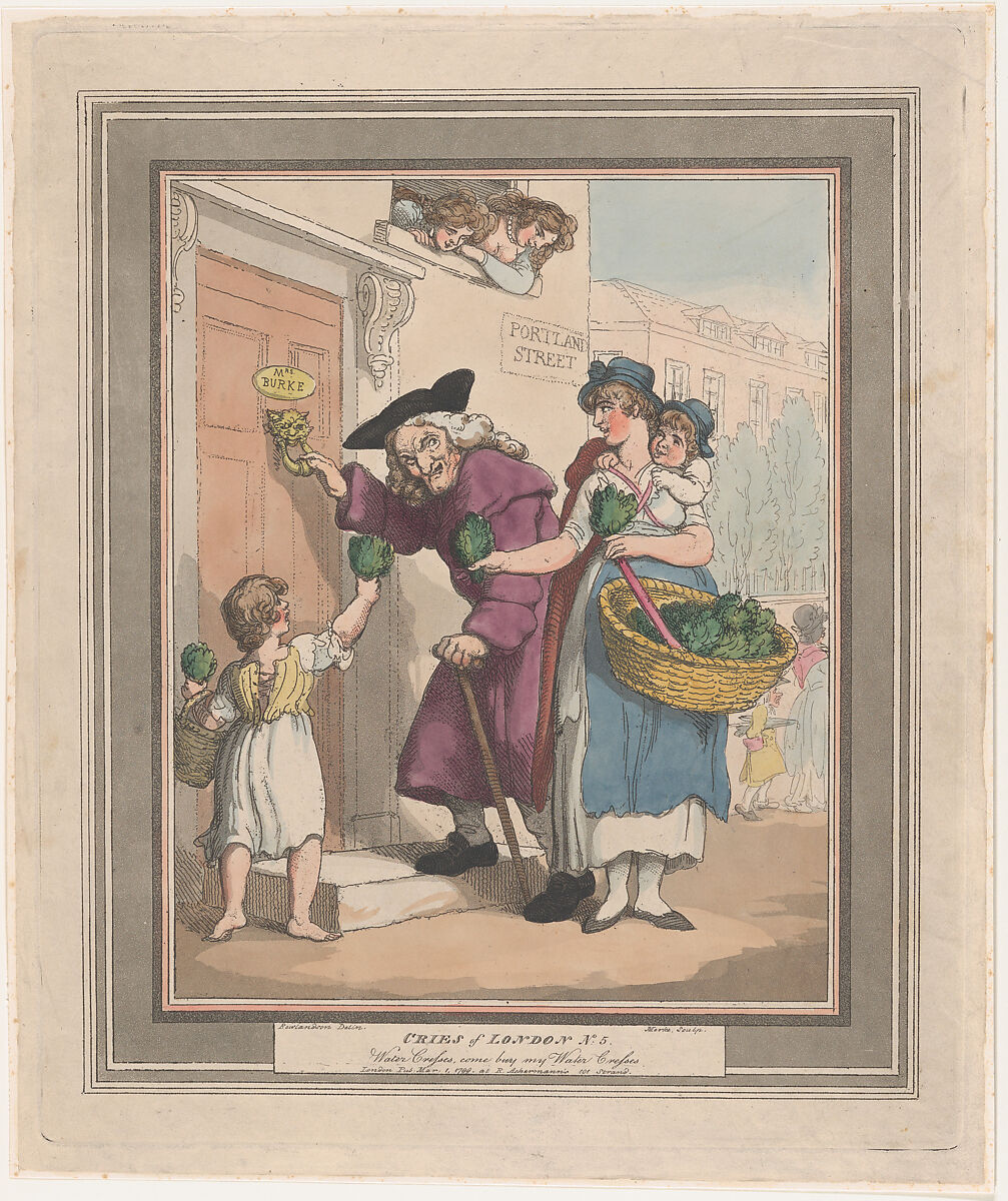 Cries of London, No. 5: Come Buy My Watercresses, Henri Merke (Swiss, Niederweningen, canton Zürich ca. 1760–after 1820), Hand-colored etching and aquatint 
