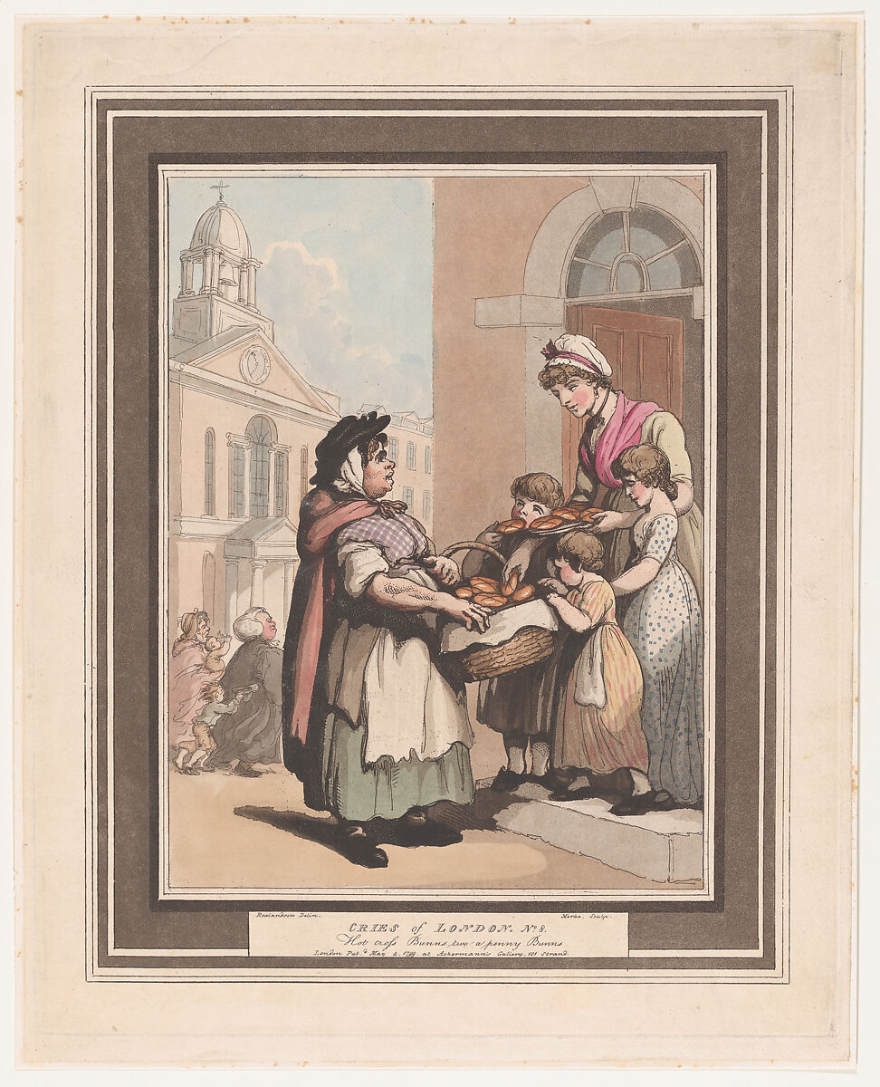 Cries of London, No. 8: Hot Cross Buns, Henri Merke (Swiss, Niederweningen, canton Zürich ca. 1760–after 1820), Hand-colored etching and aquatint 