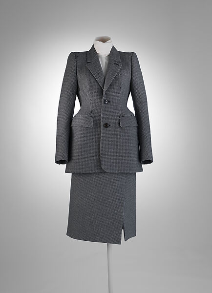 Ensemble, House of Balenciaga (French, founded 1937), (a) wool, cupro, synthetic; (b) wool, cupro, synthetic, metal; (c) silk, mother-of-pearl; (d, e) leather, synthetic; (f) metal, synthetic, French 