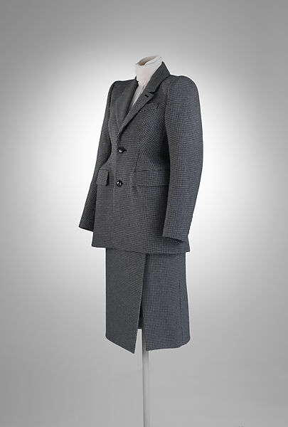 Ensemble, House of Balenciaga (French, founded 1937), (a) wool, cupro, synthetic; (b) wool, cupro, synthetic, metal; (c) silk, mother-of-pearl; (d, e) leather, synthetic; (f) metal, synthetic, French