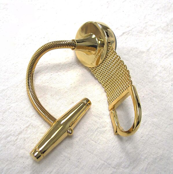 Ensemble, House of Balenciaga (French, founded 1937), (a) wool, cupro, synthetic; (b) wool, cupro, synthetic, metal; (c) silk, mother-of-pearl; (d, e) leather, synthetic; (f) metal, synthetic, French