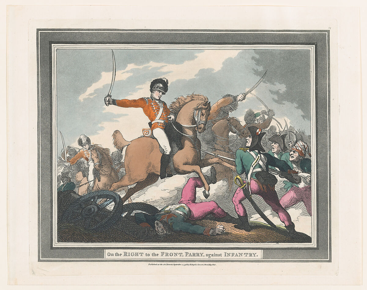 On the Right to the Front, Parry, against Infantry, Thomas Rowlandson (British, London 1757–1827 London), Hand-colored etching and aquatint 