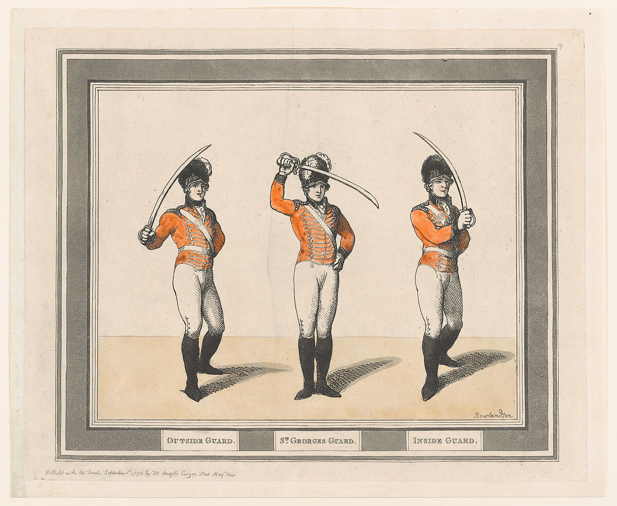 Outside Guard, St. Georges Guard, Inside Guard, Thomas Rowlandson (British, London 1757–1827 London), Hand-colored etching and aquatint 
