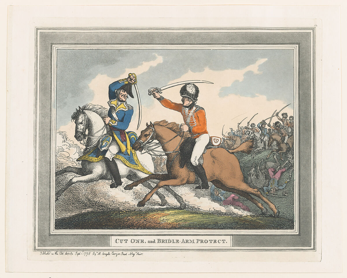 Cut One and Bridle Arm Protect, Thomas Rowlandson (British, London 1757–1827 London), Hand-colored etching and aquatint 