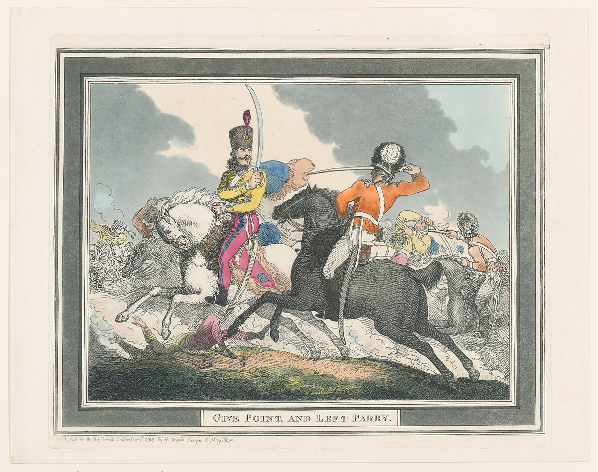Give Points and Left Parry, Thomas Rowlandson (British, London 1757–1827 London), Hand-colored etching and aquatint 