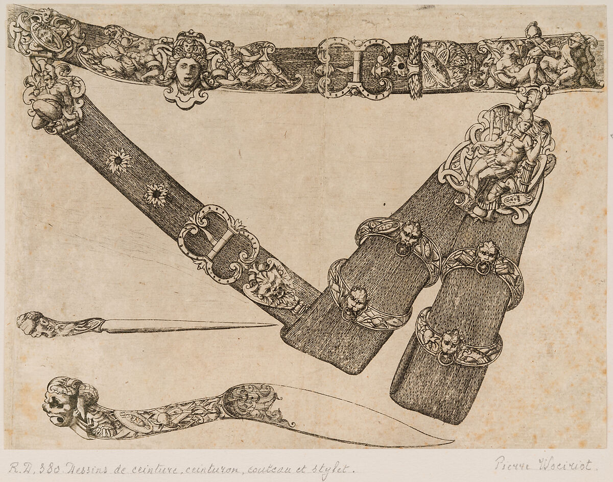 Design for a Sword-belt, Knife, and Stylus, Pierre Woeiriot de Bouzey II (French, Neufchâteau 1532–1599 Damblain), Engraving, French 