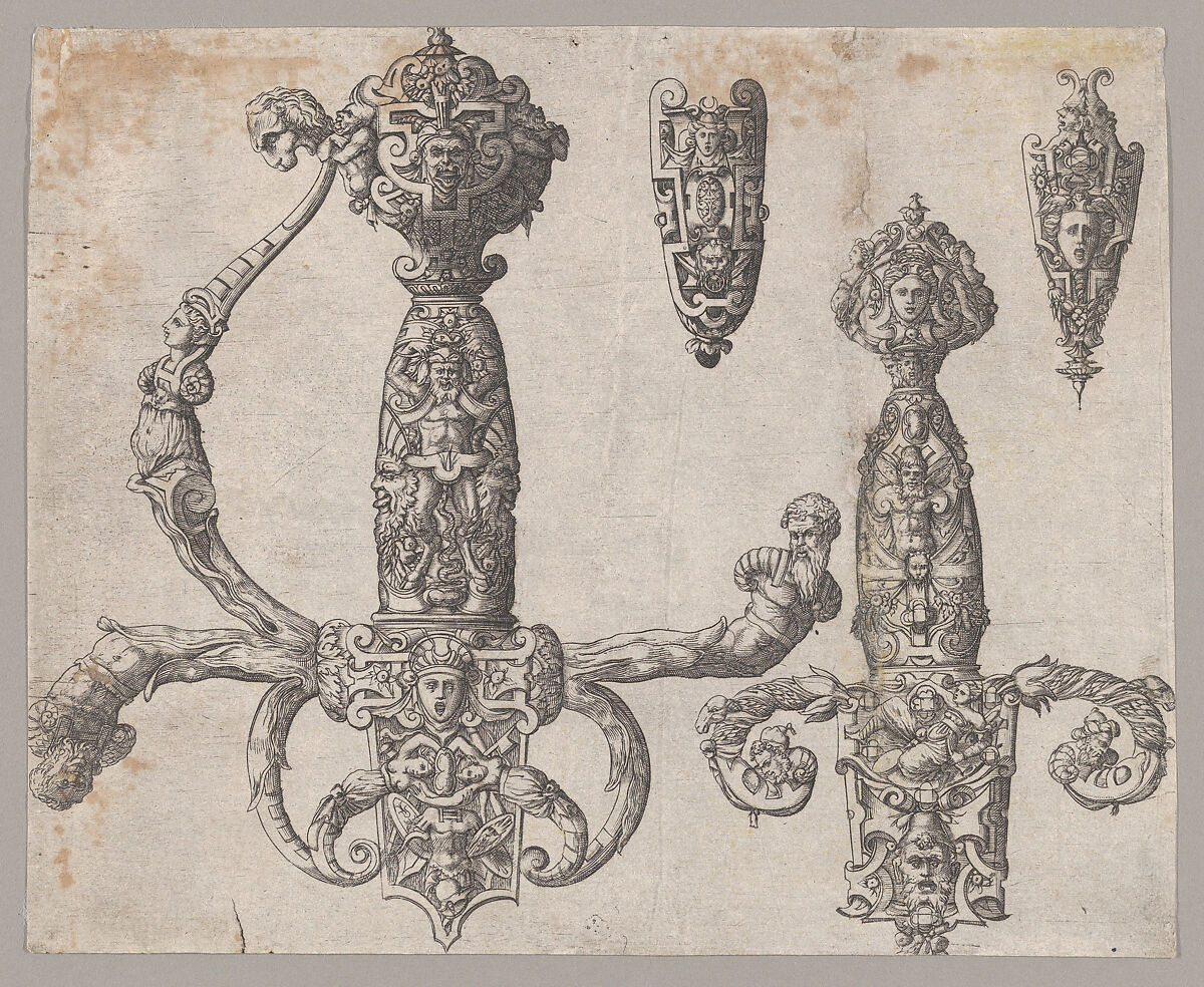 Sheet with Four Designs for Relief Decorations on Arms: Two Large Hilts for a Sword and a Dagger, and  the Ornaments for the Tips of the Sheaths, Pierre Woeiriot de Bouzey II (French, Neufchâteau 1532–1599 Damblain), Engraving 