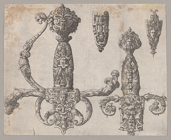 Sheet with Four Designs for Relief Decorations on Arms: Two Large Hilts for a Sword and a Dagger, and  the Ornaments for the Tips of the Sheaths