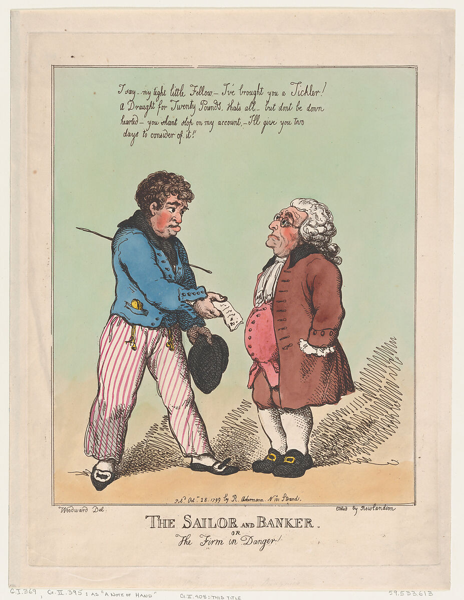 The Sailor and Banker, Thomas Rowlandson (British, London 1757–1827 London), Hand-colored etching 