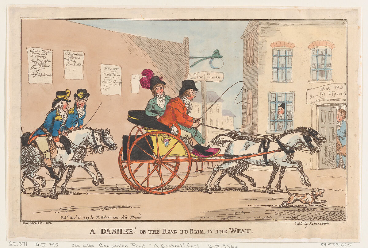 A Dasher! Or the Road to Ruin in the West, Thomas Rowlandson (British, London 1757–1827 London), Hand-colored etching 