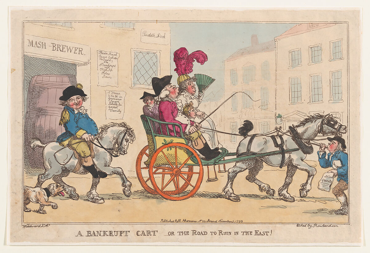 A Bankrupt Cart, or The Road to Ruin in the East!, Thomas Rowlandson (British, London 1757–1827 London), Hand-colored etching 