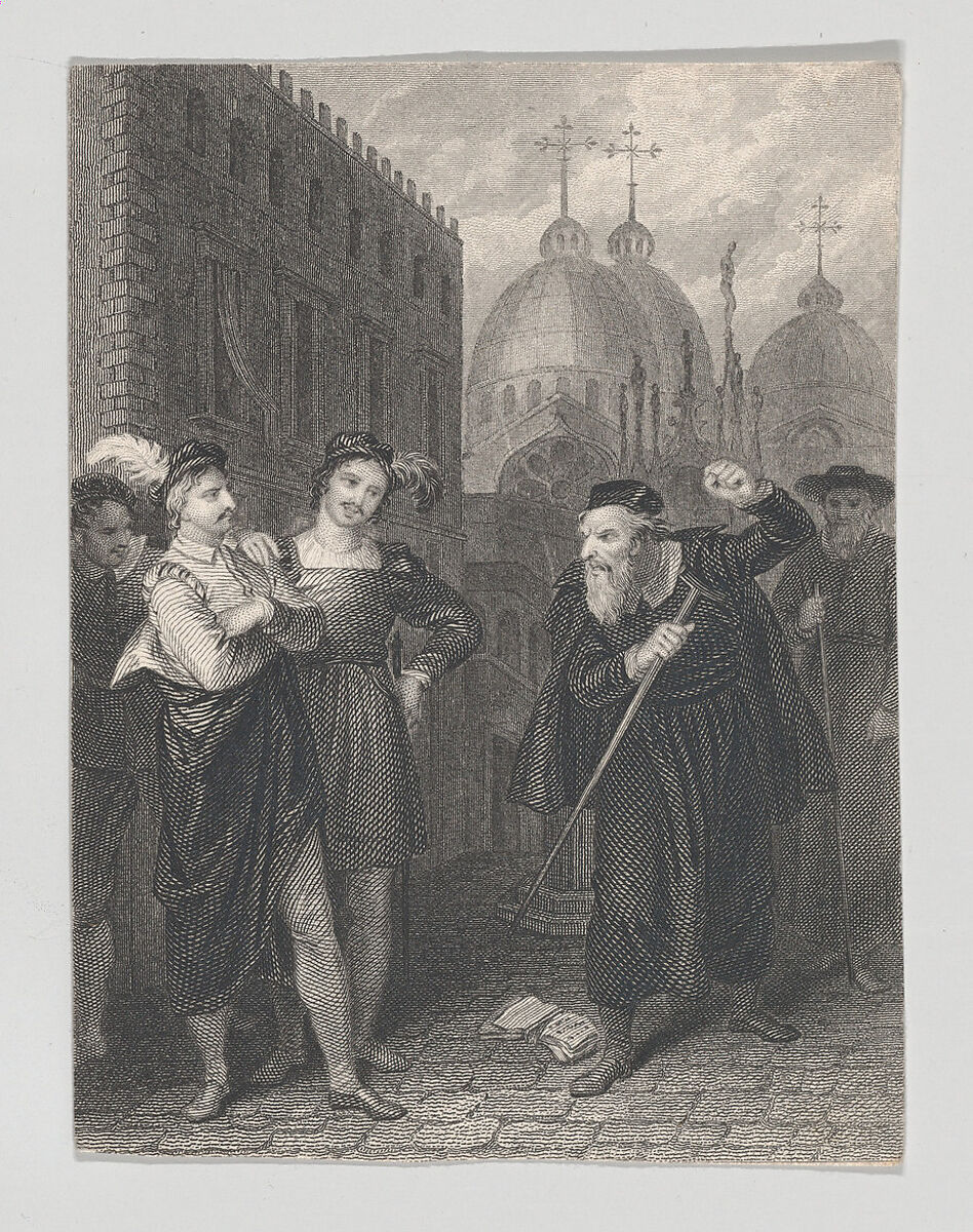 Salanio, Salerio and Shylock (Shakespeare, Merchant of Venice, Act 3, Scene 1), John Massey Wright (British, London 1777–1866), Etching and engraving 