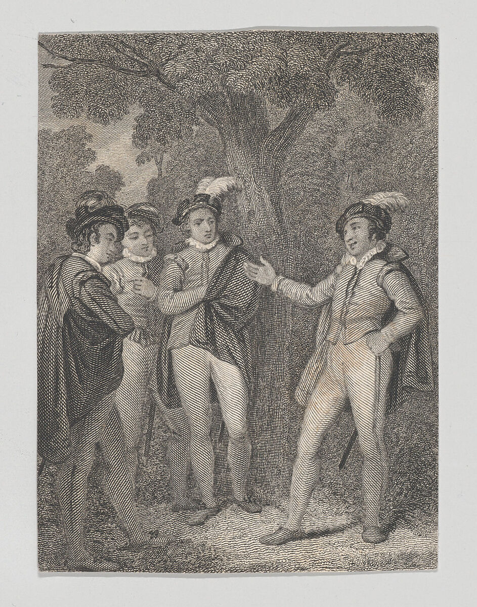 Dumain, Biron, the King, and Longaville (Shakespeare, Love's Labour's Lost, Act 4, Scene 3), Charles Heath, the elder (British, London 1785–1848 London), Etching and engraving 
