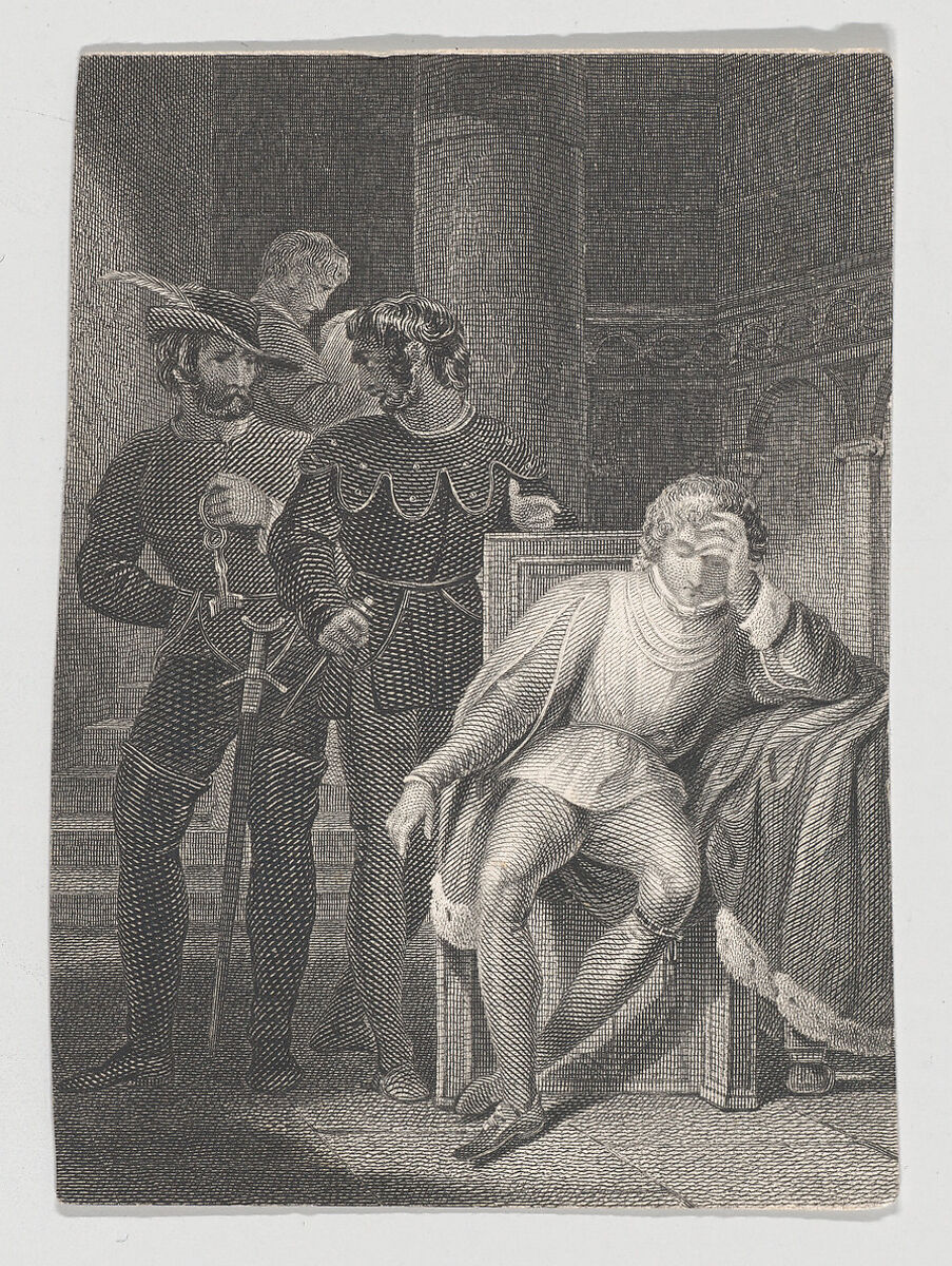 The Duke of Clarence Asleep in the Tower, as Brackenbury Leaves (Shakespeare, Richard III, Act 1, Scene 4), Charles Rolls (British, 1799–1885), Etching and engraving 