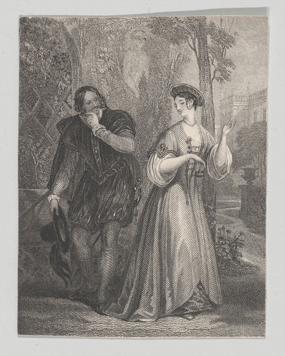 Beatrice and Benedick (Shakespeare, Much Ado About Nothing, Act 2, Scene 3), Charles Heath, the elder (British, London 1785–1848 London), Etching and engraving 