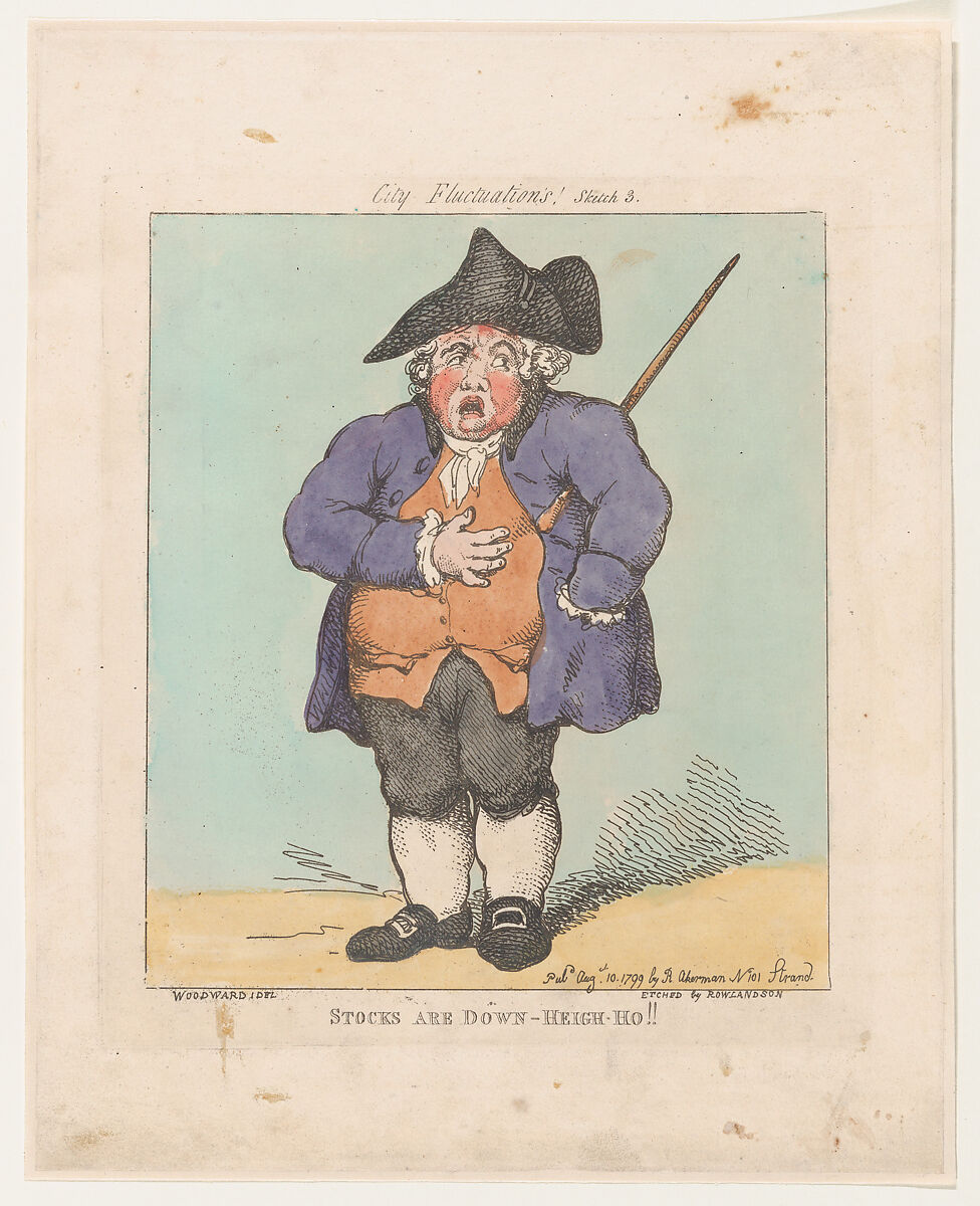 Stocks Are Down- Heigh-Ho!!, Thomas Rowlandson (British, London 1757–1827 London), Hand-colored etching 