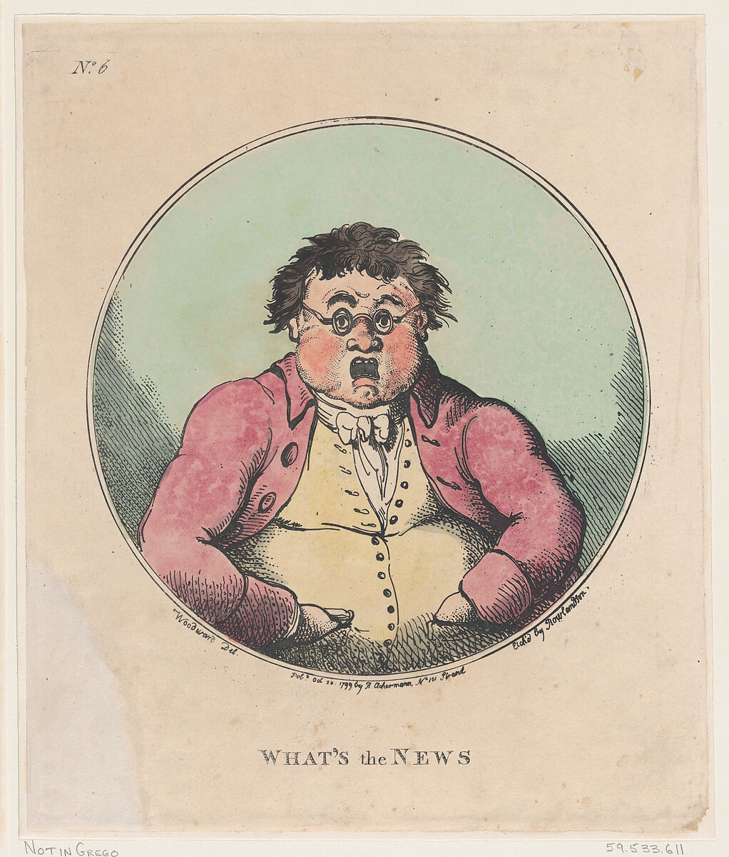 What's The News, Thomas Rowlandson (British, London 1757–1827 London), Hand-colored etching 