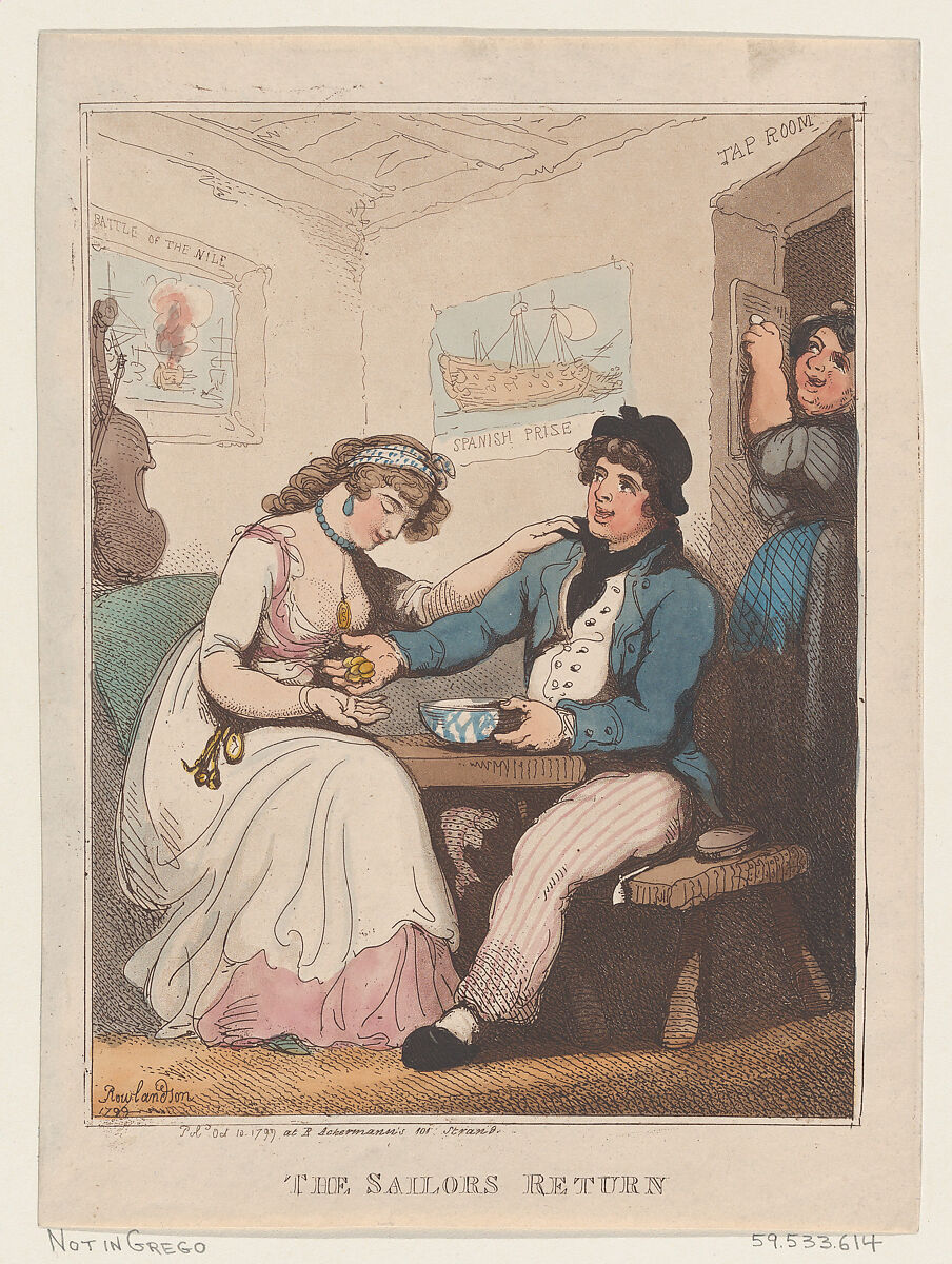 The Sailor's Return, Thomas Rowlandson (British, London 1757–1827 London), Hand-colored etching 