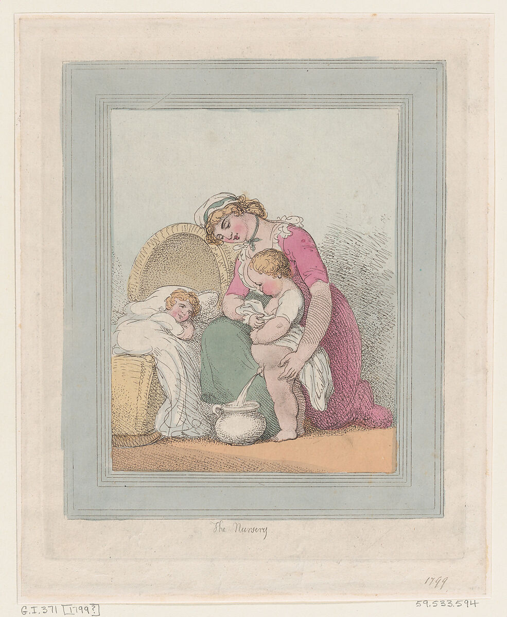 The Nursery, Thomas Rowlandson (British, London 1757–1827 London), Hand-colored etching 