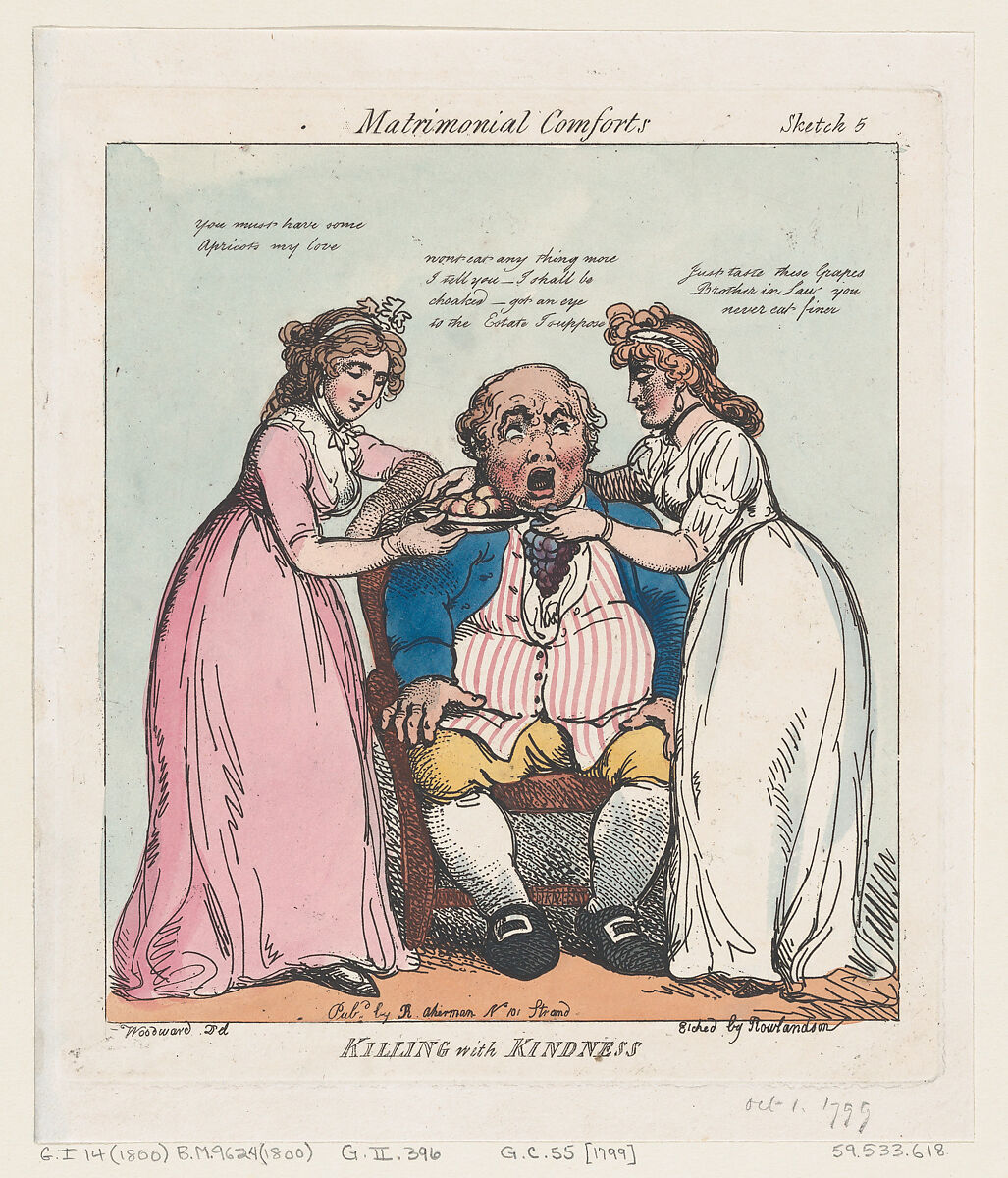 Killing with Kindness, Thomas Rowlandson (British, London 1757–1827 London), Hand-colored etching 