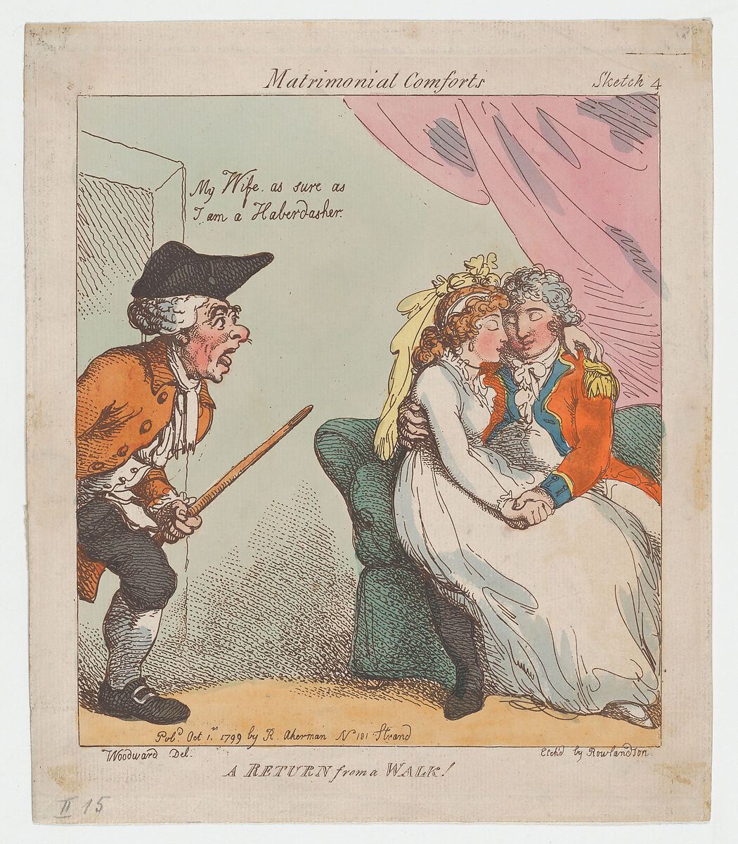 A Return from a Walk, Thomas Rowlandson (British, London 1757–1827 London), Hand-colored etching 