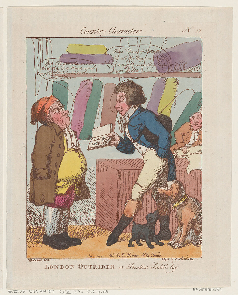 London Outrider, or Brother Saddlebag, Thomas Rowlandson (British, London 1757–1827 London), Hand-colored etching 