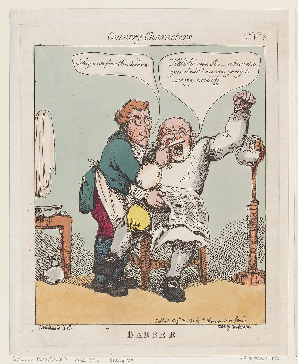 Barber, Thomas Rowlandson (British, London 1757–1827 London), Hand-colored etching 