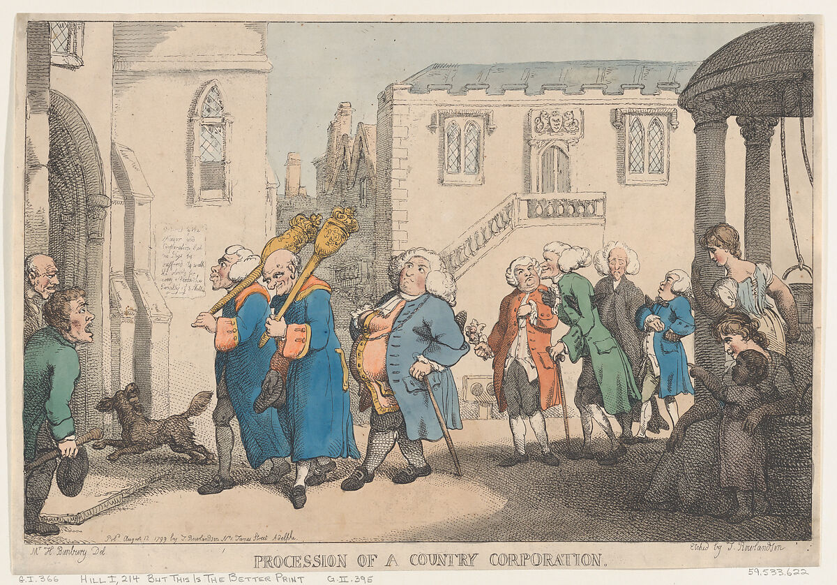 Procession of a Country Corporation, Thomas Rowlandson (British, London 1757–1827 London), Hand-colored etching 