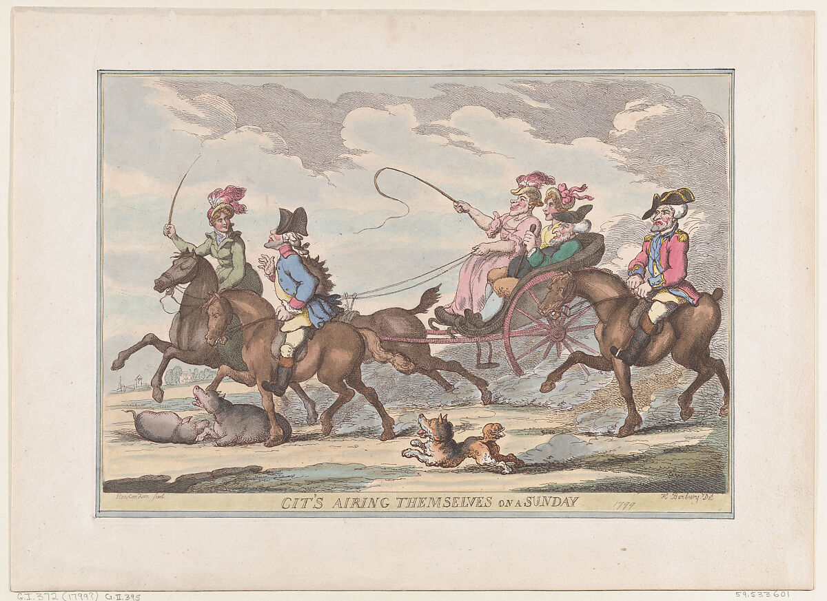 Cit's Airing Themselves On A Sunday, Thomas Rowlandson (British, London 1757–1827 London), Hand-colored etching 