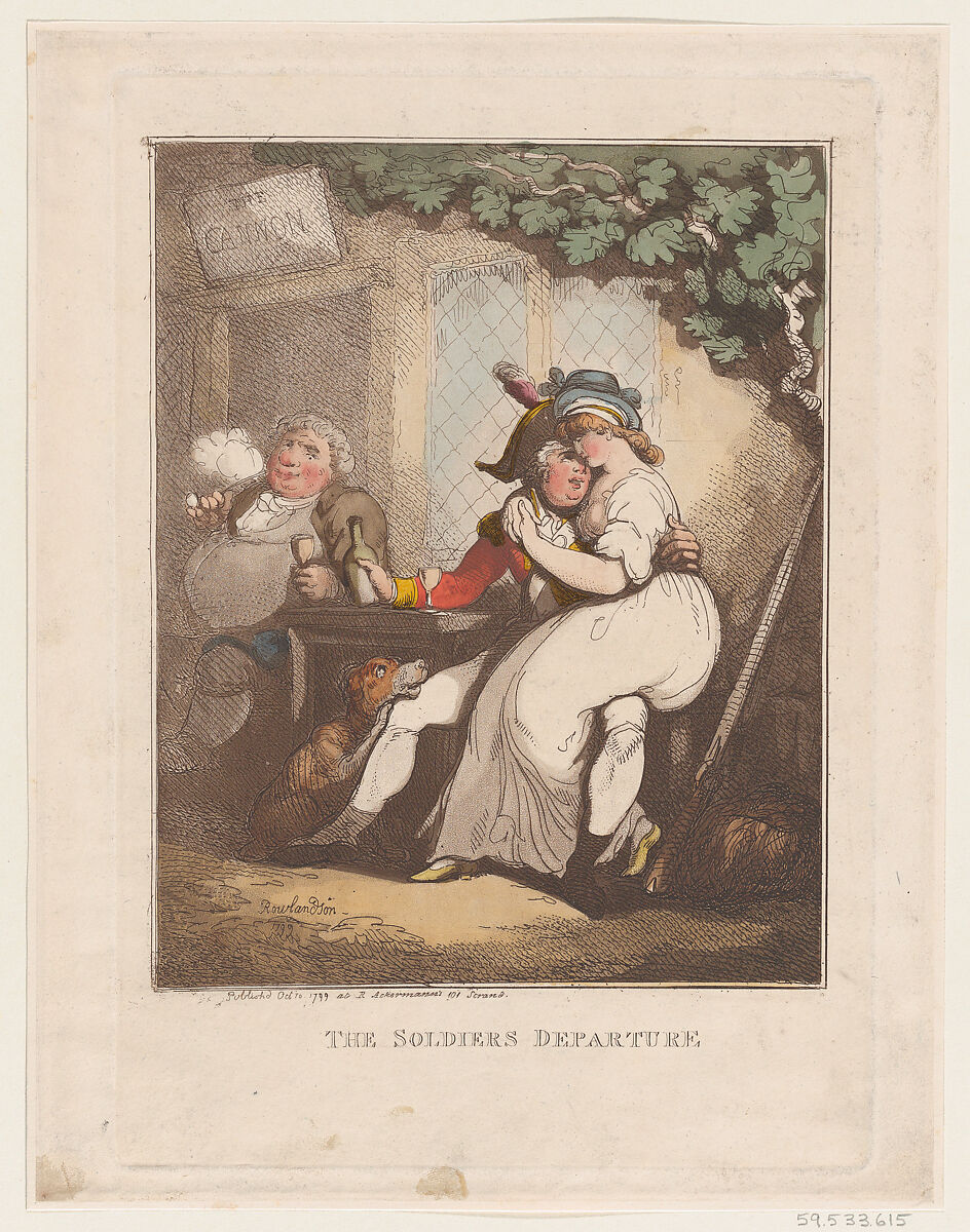 The Soldier's Departure, Thomas Rowlandson (British, London 1757–1827 London), Hand-colored etching 