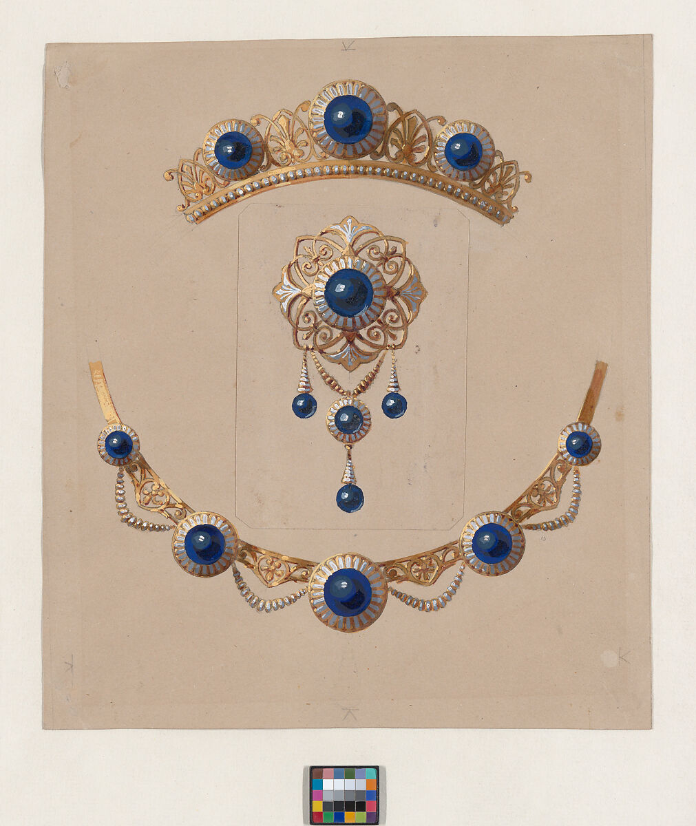 Parure of diadem, brooch and necklace with lapis lazuli and enamel, Alexis Falize (French, 1811–98), Graphite, pen and black ink, watercolor and gouache on brown paper 