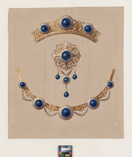 Parure of diadem, brooch and necklace with lapis lazuli and enamel